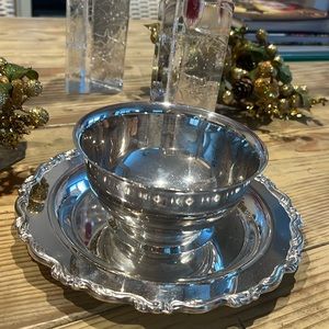 Dainty 8” Silver Serving Bowl and Attached Plate